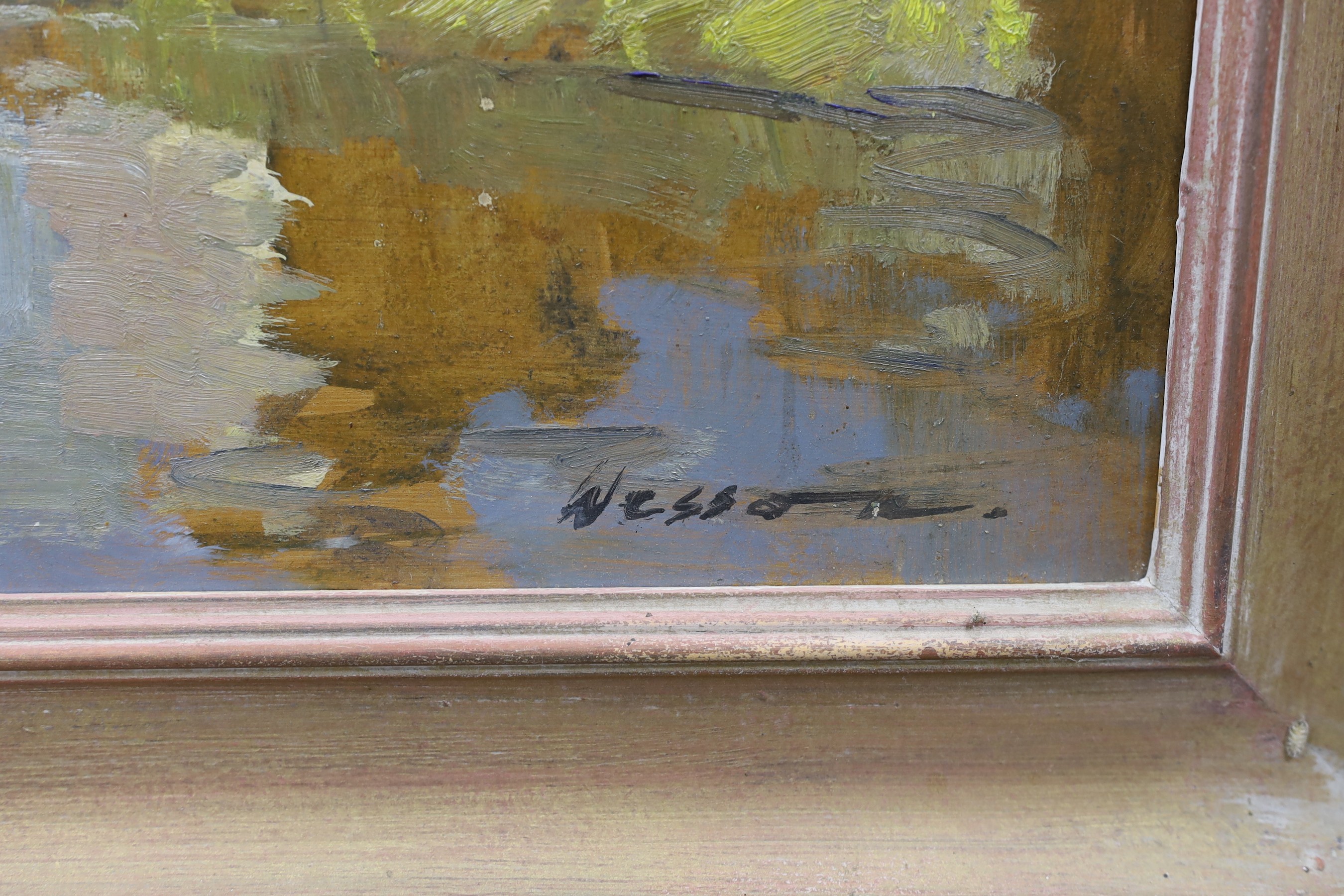 Edward Wesson (1910-1983), oil on panel, French riverside church, signed, 45 x 60cm
